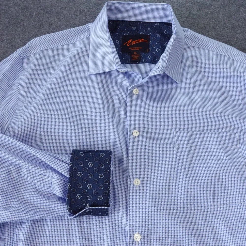 Egara Mens XL Slim Fit Stretch Non Iron Blue White Micro Print Dress Shirt